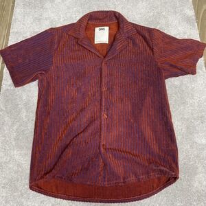 OAS Shirt Mens Large Purple Deep Cut Cuba Terry Striped Camp Collar Button Front